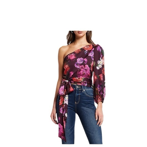 Express Satin Floral One Shoulder Tie Waist Top size Small - Picture 1 of 7
